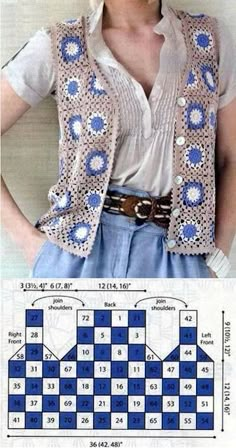 an image of a woman wearing a crochet vest and jeans with a pattern