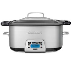 an electric pressure cooker with the lid open and digital display on it's side