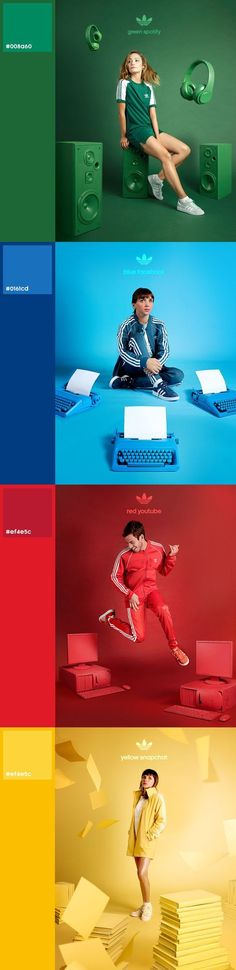 four different color schemes with people sitting on them