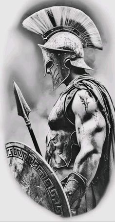 a black and white drawing of a roman soldier