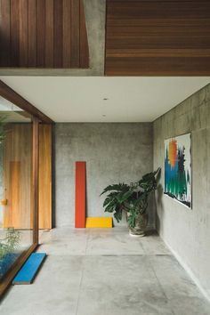 a room with concrete walls and plants on the floor