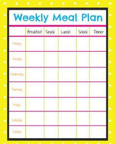 a printable meal plan for kids with polka dots on the border and yellow background