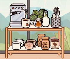 a shelf with coffee cups, mugs and an espresso machine on it