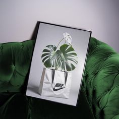 a green couch with a white bag and a plant in it