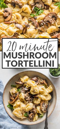 mushroom tortelli with spinach and mushrooms in a white bowl