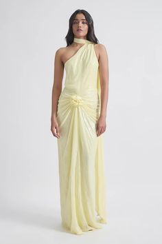 Lime yellow one-shoulder dress with sequins embroidery and rose detailing. - Aza Fashions Yellow Dress Formal, Pastel Yellow Dress, Yellow Wedding Guest Dresses, Yellow Bridesmaid Dress, Sum Dresses, Bridesmaid Colors, Yellow Bridesmaid Dresses, Lime Yellow, Formal Garden