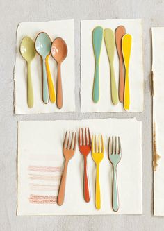 Colorful enamel spoon, fork and spreader knives in a fun mix of colors. Aesthetic Kitchenware Set, Cool Kitchenware, Fun Kitchen Ware, Cute Cooking Utensils, Funky Kitchen Utensils, Colorful Kitchen Utensils, Dorm Utensils, Fun Kitchen Utensils, Fun Silverware