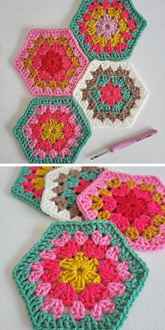 the crocheted coasters have been made to look like hexagons