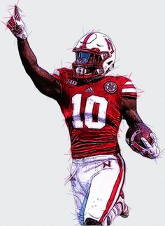 a drawing of a football player in red and white uniform with his arm raised up