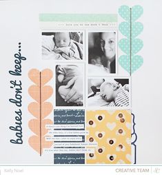 a scrapbook page with photos and buttons on it, including a baby's hand