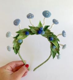 Needle felted mushroom's attached to hard headband and decorated with leaves and blueberries. Perfect for kids, toddler girls and adult. Fairy Headband, Blue Mushroom, Felt Mushroom, Fairy Crown, Mushroom Fairy, Hard Headbands, Princess Tiara, Woodland Fairy, Fairy Princess