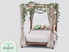 an image of a bed with plants growing on the headboard and canopy over it