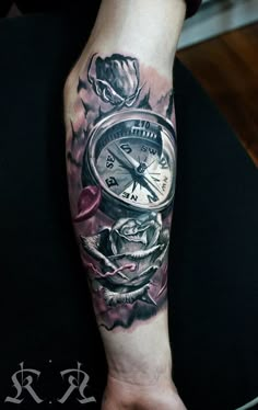 a man's arm with a clock and roses tattoo on it