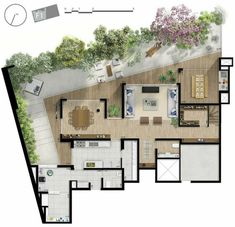 an aerial view of a floor plan with furniture and trees in the backgroud