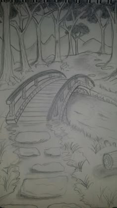 a drawing of a bridge in the woods