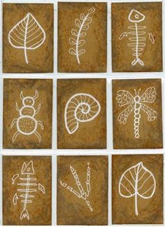 nine different types of plants and leaves on brown paper with white ink in the middle