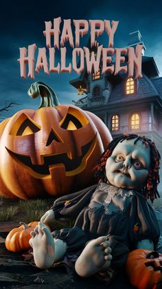 a creepy doll sitting in front of two pumpkins with the words happy halloween on it