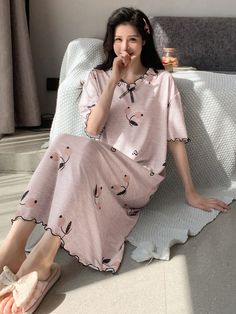 Dusty Pink Cute Collar Half Sleeve Knitted Fabric Cartoon Nightgowns,Sleepshirts Embellished Non-Stretch Spring/Summer Women Sleep & Lounge Homewear Dress, Cute Nightgowns, Lounge Dresses, House Dresses, Lounge Dress, Dress Dusty, Loungewear Women, Home Dress, House Dress