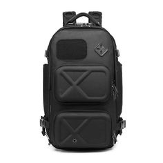 a black backpack that is on wheels and has an x symbol on the front pocket