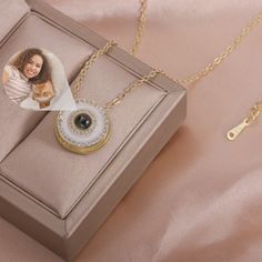 Photo projection necklace circular pendant featuring quality cubic zirconia crystals custom made and personalized by you with photos dear to your heart. Our custom photo jewelry is handcrafted with 316 stainless steel: Waterproof, tarnish resistant, hypoallergenic and everlasting! Photo projection jewelry is THE gift to give this year. They exude elegance and style while also holding your most memorable moments close to your heart. Projection necklaces are perfect gifts for your family members, Pendant Necklace Picture, Photo Pendant Necklace, Locket With Picture Inside, Photo Projection Necklace, Personalized Heart Photo Necklace, Couple Necklaces, Photo Necklace, Memorial Necklace, Friend Necklaces