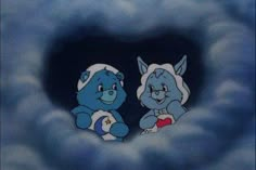 two cartoon bears sitting in the middle of a heart shaped hole with clouds around them