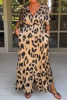 Leopard Print Casual Print Leopard Patchwork V Neck Long Dress Dresses Laura Dresses, Leopard Maxi Dress, Dress Sleeve Styles, Cotton Blends Dress, Half Sleeve Dresses, Wedding Guest Dresses, Style Upgrade, Leopard Dress, Leopard Print Dress