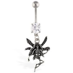 a black and white beetle belly button navel ring with clear crystal stones on it