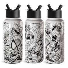 two water bottles with spider - man designs on them, one is white and the other is black