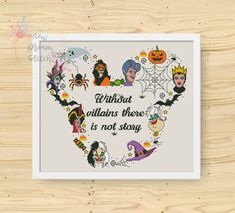 a cross stitch pattern with the words witches there is not story on it, and an image of halloween characters