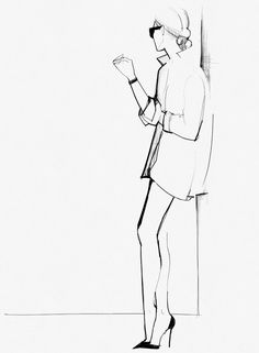 a black and white drawing of a woman standing in front of a wall with her hand up to her face