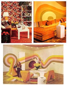 two pictures of different rooms with furniture and decor on the walls, one in orange and yellow