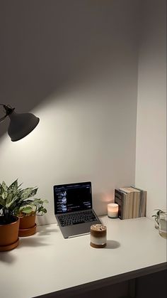 a laptop computer sitting on top of a white desk next to a potted plant