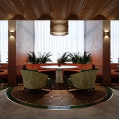 the circular table is surrounded by two green chairs and round tables with plants on them