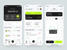 three smartphones showing different dashboards and options for the user's life cycle