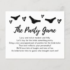 the party game card with hearts and bras in black on a white marble surface