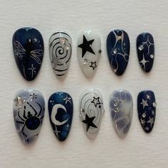 save = follow Dark Nail Aesthetic, Nail Designs Grunge, Mystical Nails, Ongles Goth, Fairy Nail Art, Dark Blue Nails, Moon Nails