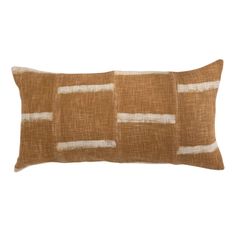 a brown pillow with white stripes on the front and back, sitting against a white background