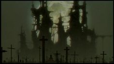 an old cemetery with crosses in the foreground and a full moon in the background