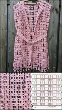 a crocheted pink jacket is hanging on a wooden wall and next to it is an image of a piece of clothing