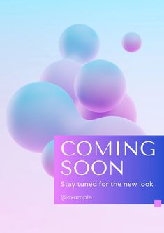 the text coming soon is displayed in front of an image of bubbles on a blue and pink background