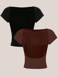 2pcs Women's Casual Tight Short T-Shirt With Round Neckline And Open Back, Summer Multicolor Sexy  Short Sleeve Knitted Fabric Plain  Slight Stretch  Women Clothing, size features are:Bust: ,Length: ,Sleeve Length: Cheap Vintage Brown Shirt, Cute Brown Sleeveless Top, Brown Short Sleeve Grunge Tops, Cheap Black Kawaii T-shirt, Backless Shirts, Vintage Sleeveless Brown Top, Open Back Shirt, Backless Shirt, Short T Shirt