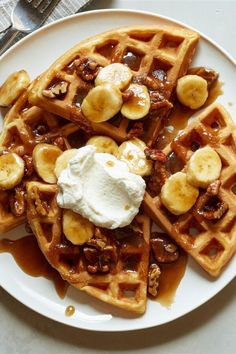 Bananas Foster Belgian Waffles | "Wonderful flavors! I followed the recipe exactly and was definitely impressed by the combination of flavors!" #breakfastrecipes #brunchrecipes #breakfastideas #brunchideas #waffles #wafflerecipes #bestwafflerecipe Waffles With Bananas, Bananas Foster Waffles, Bacon Waffles Recipe, Banana Foster Waffles, Belgian Waffle Ideas, Fancy Waffle Recipes, Bananas Foster Pancakes, Waffles Toppings Ideas, Waffle Flavors