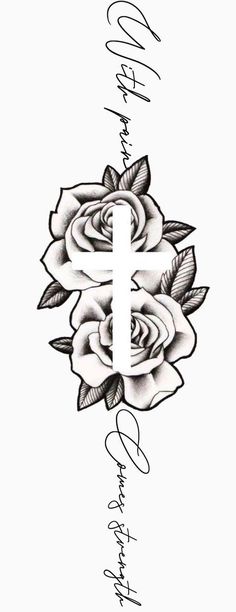 a cross with roses on it and the word love written in cursive writing