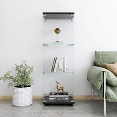 a living room with a chair, book shelf and potted plant on the floor