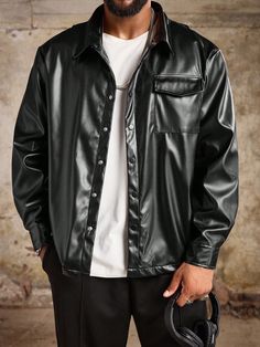 Plus Size Men's Solid Color Simple Casual Jacket & Coat Black Casual  Long Sleeve PU Leather Plain Other Slight Stretch Fall/Winter Men Plus Size Clothing, size features are:Bust: ,Length: ,Sleeve Length: Drawstring Waist Shorts, Men Plus Size, Casual Stripes, Coat Black, Mens Plus Size, Black Casual, Casual Jacket, Jacket Coat, Black Coat