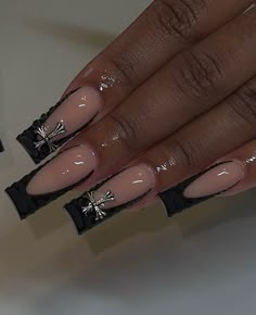 Black French Tip Nails Birthday, Medium Length Nails With Charms, Black Nail Sets With Charms, Black French Tip Nails Medium Length, Black Acrylics With Design, Nails New Year 2024, Medium Length Black Nails, Cute Black French Tip Nails