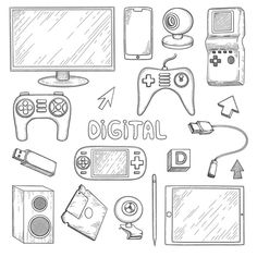 various electronic devices and gadgets drawn by hand on white paper with the word digital