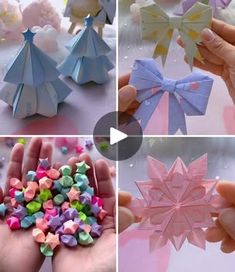 four pictures showing how to make origami snowflakes