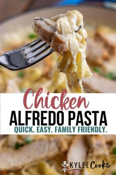 chicken alfredo pasta on a fork with text overlay