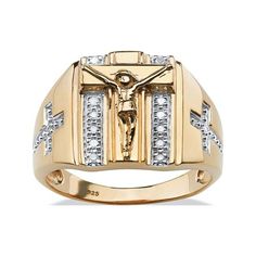 PalmBeach Jewelry exclusive. A ring he'll cherish for life. This divine men's ring features a crucifix set against two rows of sparkling round diamonds. Two-tone cross cutouts on each side of the ring complete the heavenly motif. 1/10 carat T.W. 8k yellow gold-plated or sterling silver. (All carat weights are approximate and may vary slightly from those listed.) 48617RNG Size: 9.  Color: White.  Gender: male.  Age Group: adult. Mens Fashion Rings, Rings Mens, Fashion Rings Silver, Mens Rings Fashion, Palm Beach Jewelry, Fine Silver Jewelry, Cross Ring, Ring Style, Fashion Ring